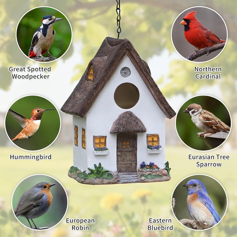MINWOLF Bird Houses for Outside Rustic Cottage Birdhouse with Thatch Roof – Hand-Painted Resin Birdhouses for Outdoors for Bluebird Finches Cardinals Bird Nesting Garden, Patio, Yard - Image 2